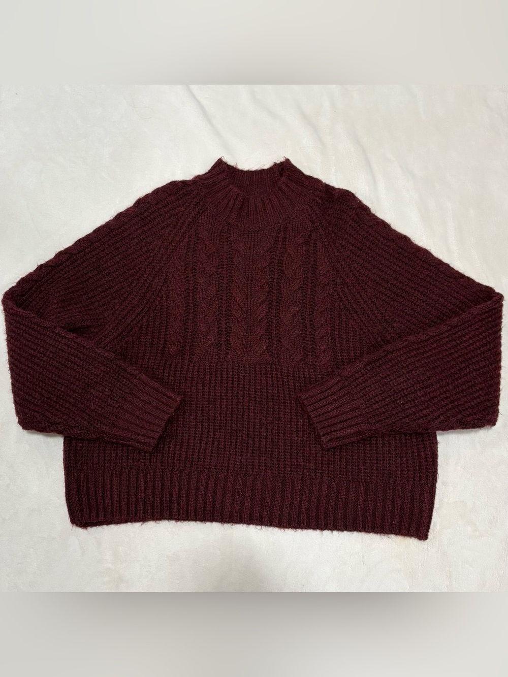 Burgundy Women’s Large Textured Cable Knit Mock Neck Boxy Fall Sweater Cabincore